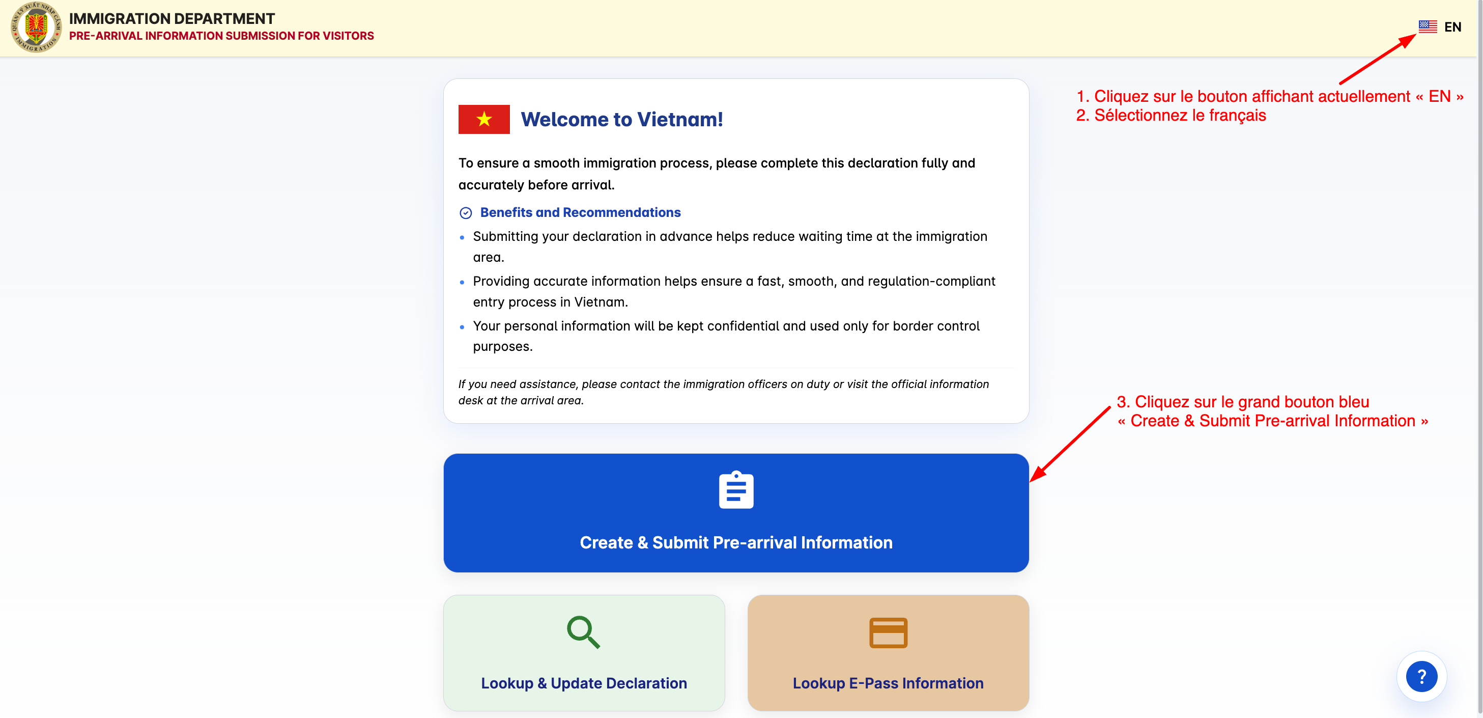 Le formulaire de pré-arrivée au Vietnam - Étape 1