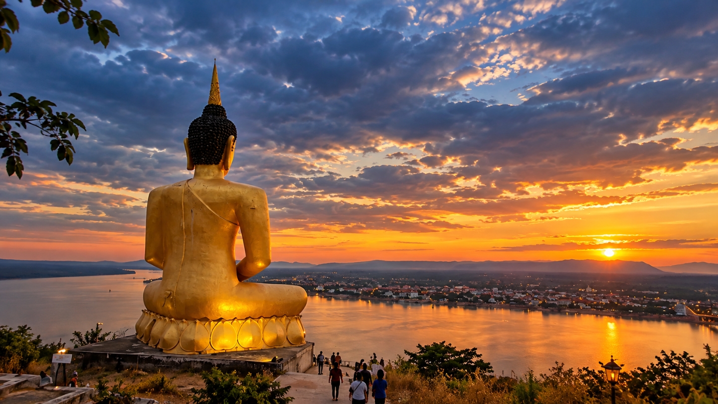 Pakse aux couleurs du coucher de soleil, vue depuis le Wat Phou Salao