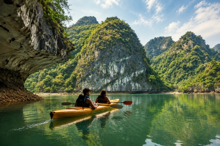 Kayak dans les eaux paisibles de baie de Bai Tu Long