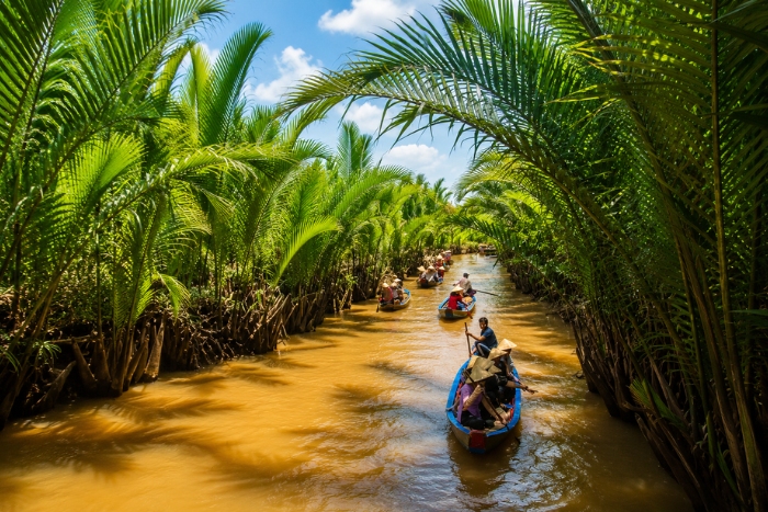 Promenade en bateau au c&oelig;ur des cocotiers du M&eacute;kong &agrave; Ben Tre