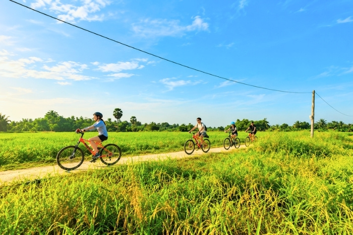 À vélo entre les vastes rizières du Cambodge