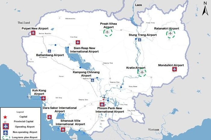 La carte des aéroports du Cambodge