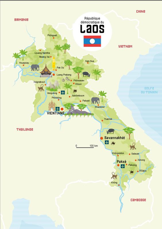 Carte de voyage du Laos avec les meilleures destinations pour votre voyage