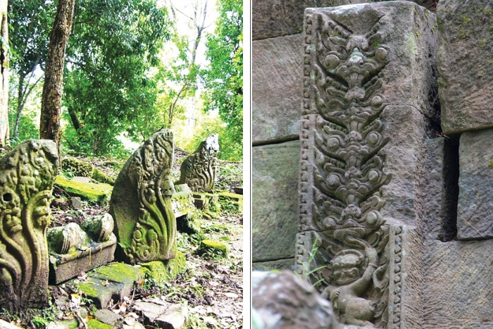 Lignes anciennes sur des roches millénaires au temple Wat Tomo (Image composite)