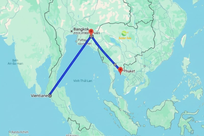 En vol de Vientiane à Phuket, avec une escale à Bangkok