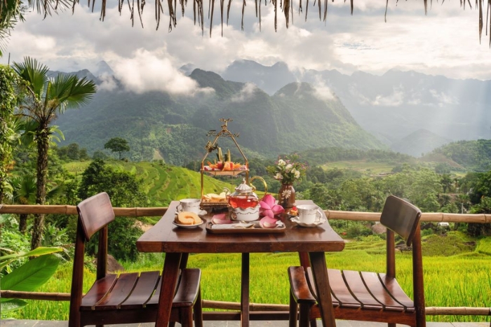 Déjeuner raffiné au lodge avec vue panoramique sur les rizières