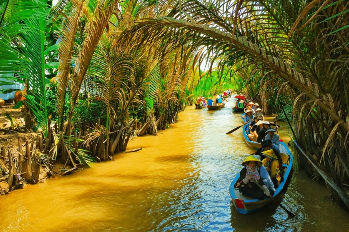 Balade en barque &agrave; travers les canaux ombrag&eacute;s de cocotiers &agrave; Ben Tre